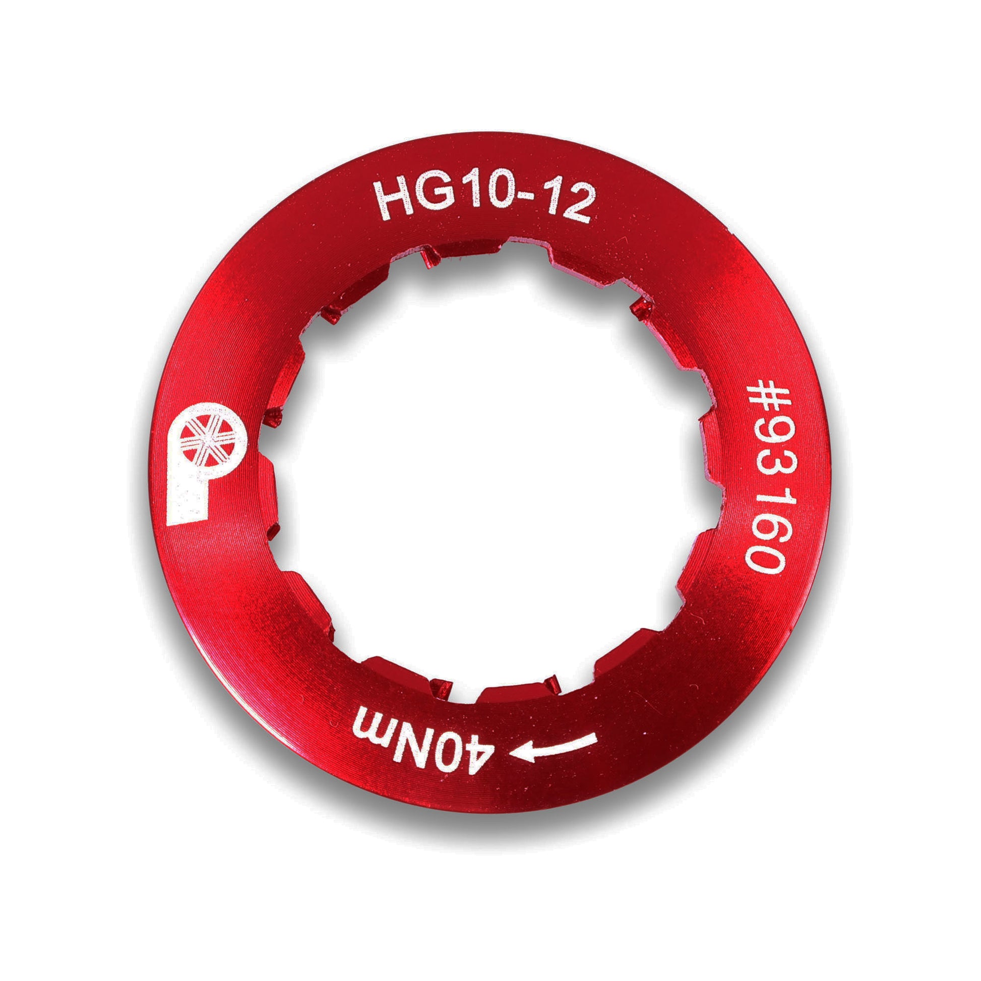Prestacycle Shimano HG11/12 Lockring by Prestacycle—red alloy lockring for 10-12 speed cassettes, labeled HG10-12 #93160, 40NM, with directional arrow and multiple inner notches. Compatible with Shimano cassette systems.
