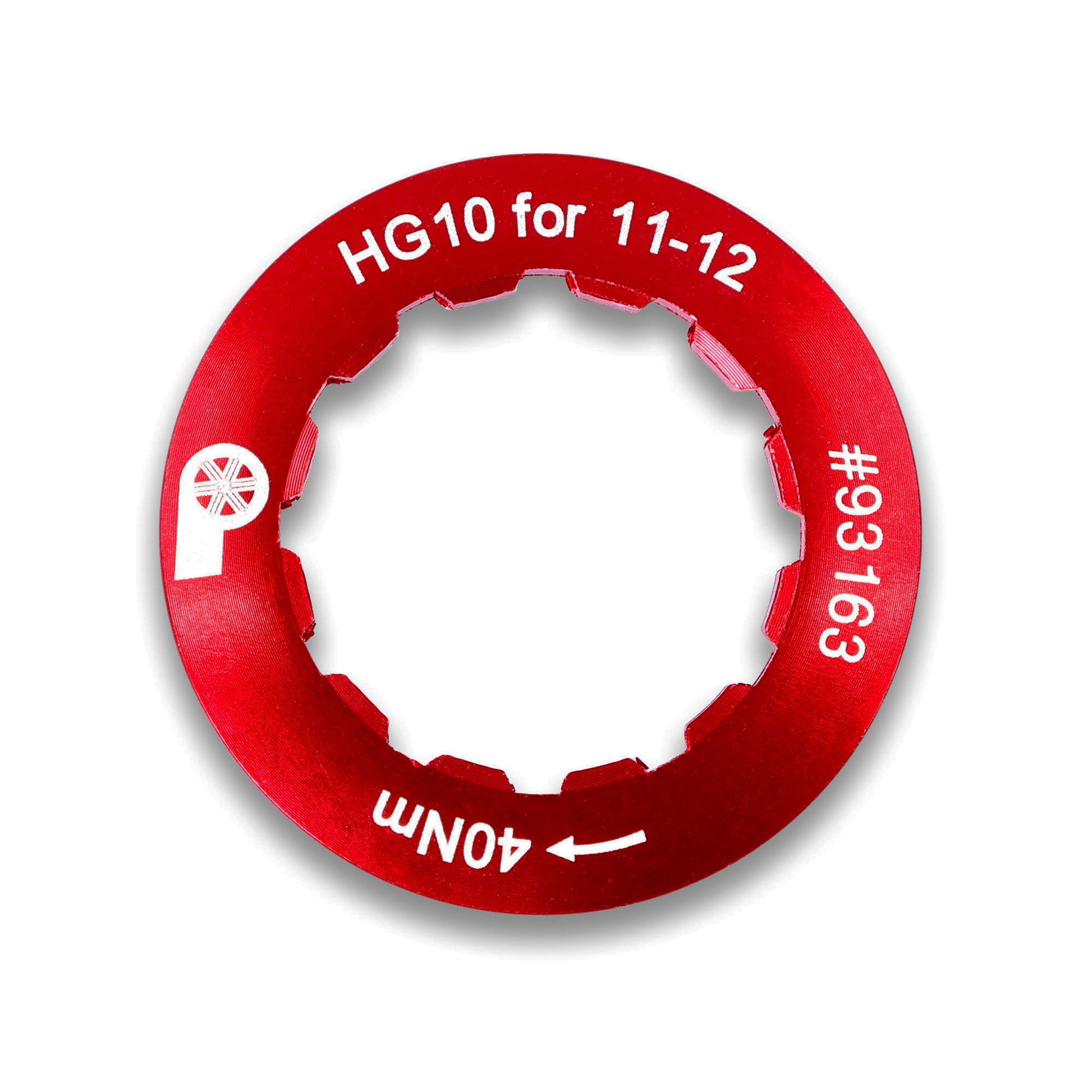 The Prestacycle Shimano HG10 ADAPTER Lockring is a red circular alloy lockring labeled “HG10 for 11-12,” with #93163 and 40 Nm, featuring a white arrow and gear icon. Compatible with Shimano 10-speed wheels and 11-12-speed cassettes.