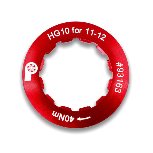 The Prestacycle Shimano HG10 ADAPTER Lockring is a red circular alloy lockring labeled “HG10 for 11-12,” with #93163 and 40 Nm, featuring a white arrow and gear icon. Compatible with Shimano 10-speed wheels and 11-12-speed cassettes.