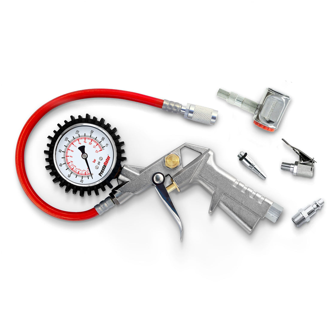 The Prestacycle Prestaflator PRO Bicycle Tire Inflator, designed for Presta and Schrader valves, features a red hose, pressure gauge, silver trigger handle, Pro Presta head, and metal valve adapters displayed on a white background.