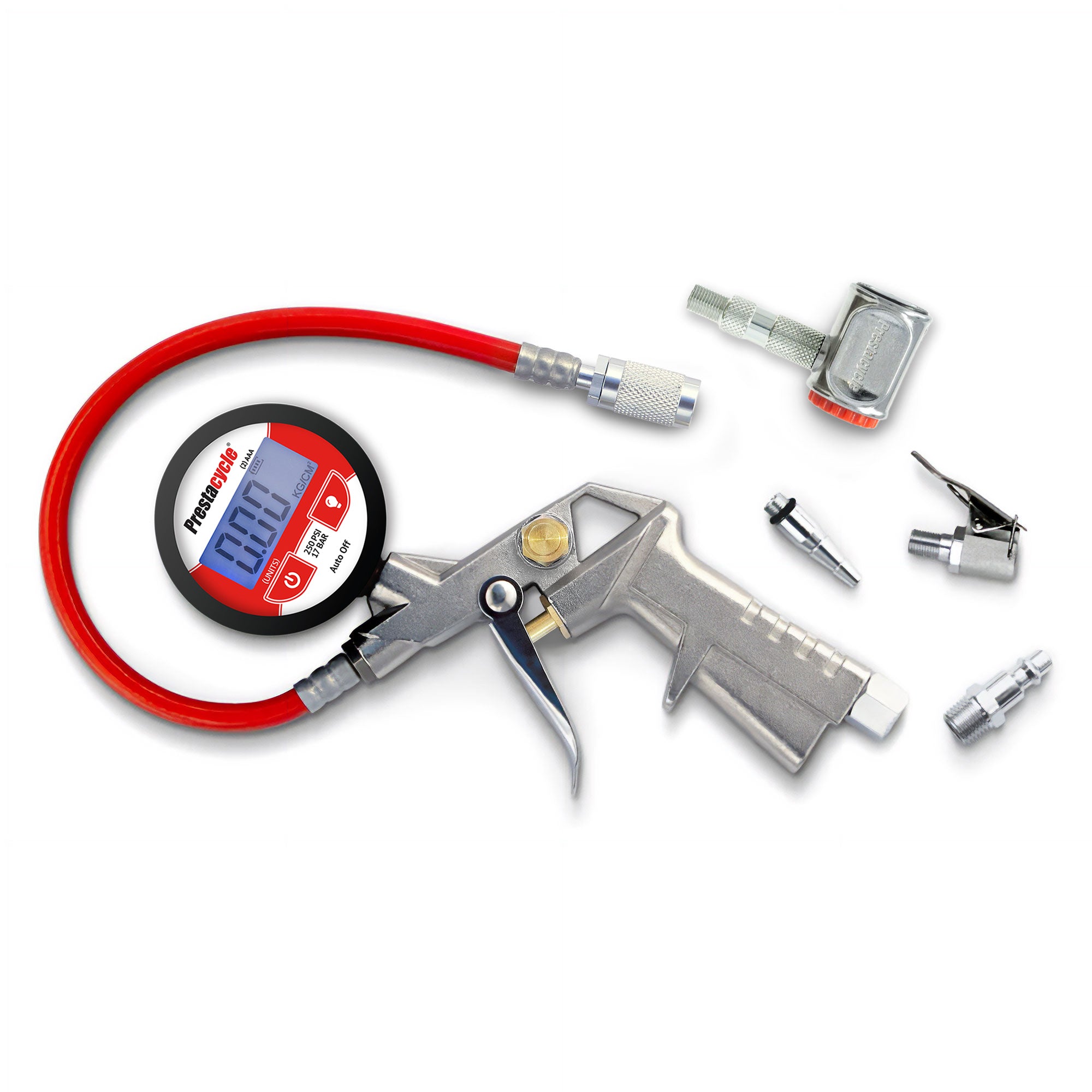 The Prestacycle Prestaflator PRO Digital Bicycle Tire Inflator for Presta and Schrader valves is shown with a red hose, metal handle, digital display, and several nozzle attachments including the Pro Presta Head on a white background.