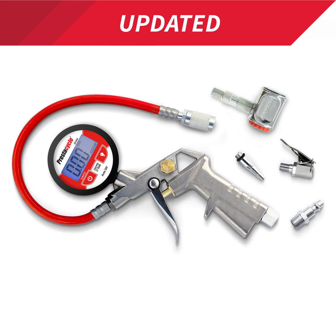 The Prestacycle Prestaflator PRO Digital Bicycle Tire Inflator for Presta &amp; Schrader valves features a red hose, metal trigger handle, multiple nozzles (including the Pro Presta Head), and is shown on a white background with a red UPDATED banner.
