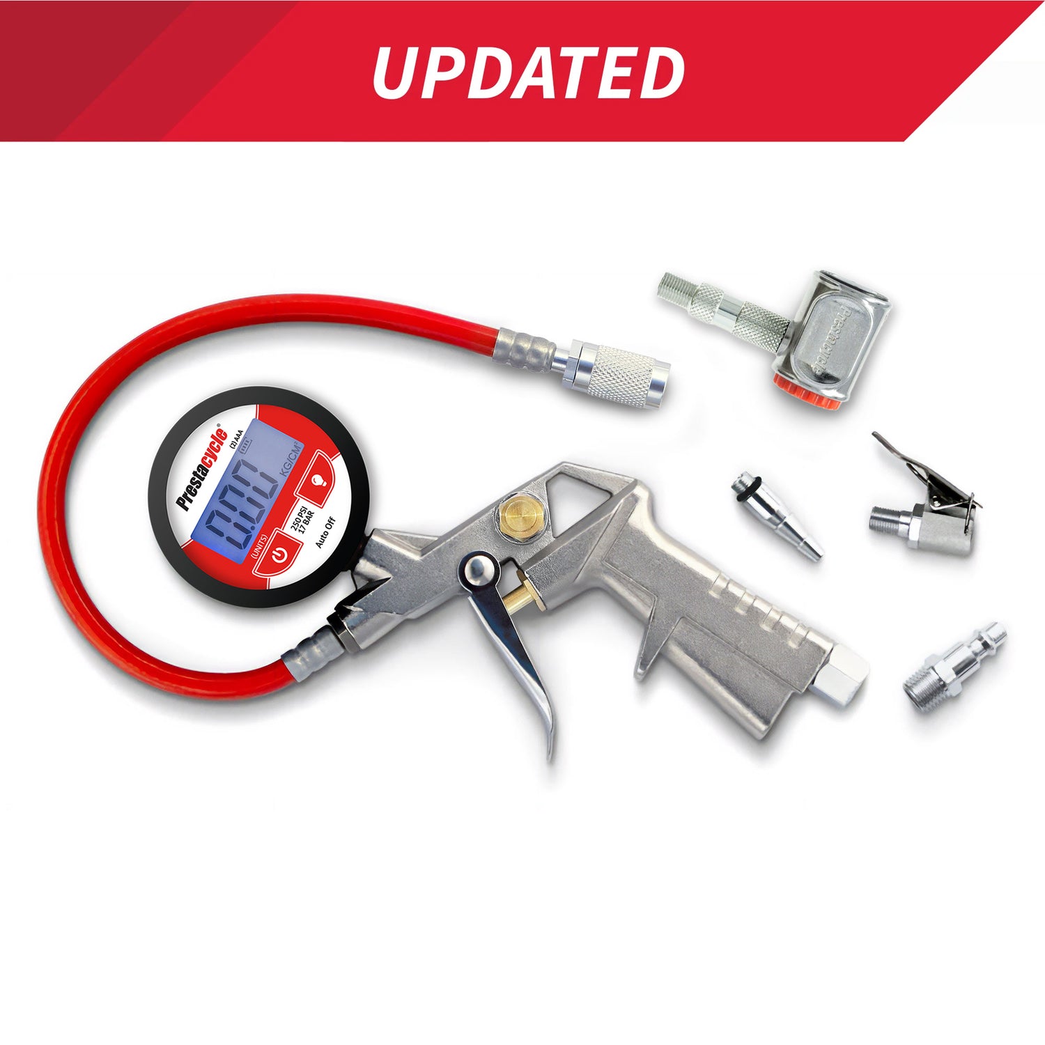The Prestacycle Prestaflator PRO Digital Bicycle Tire Inflator for Presta &amp; Schrader valves features a red hose, metal trigger handle, multiple nozzles (including the Pro Presta Head), and is shown on a white background with a red UPDATED banner.