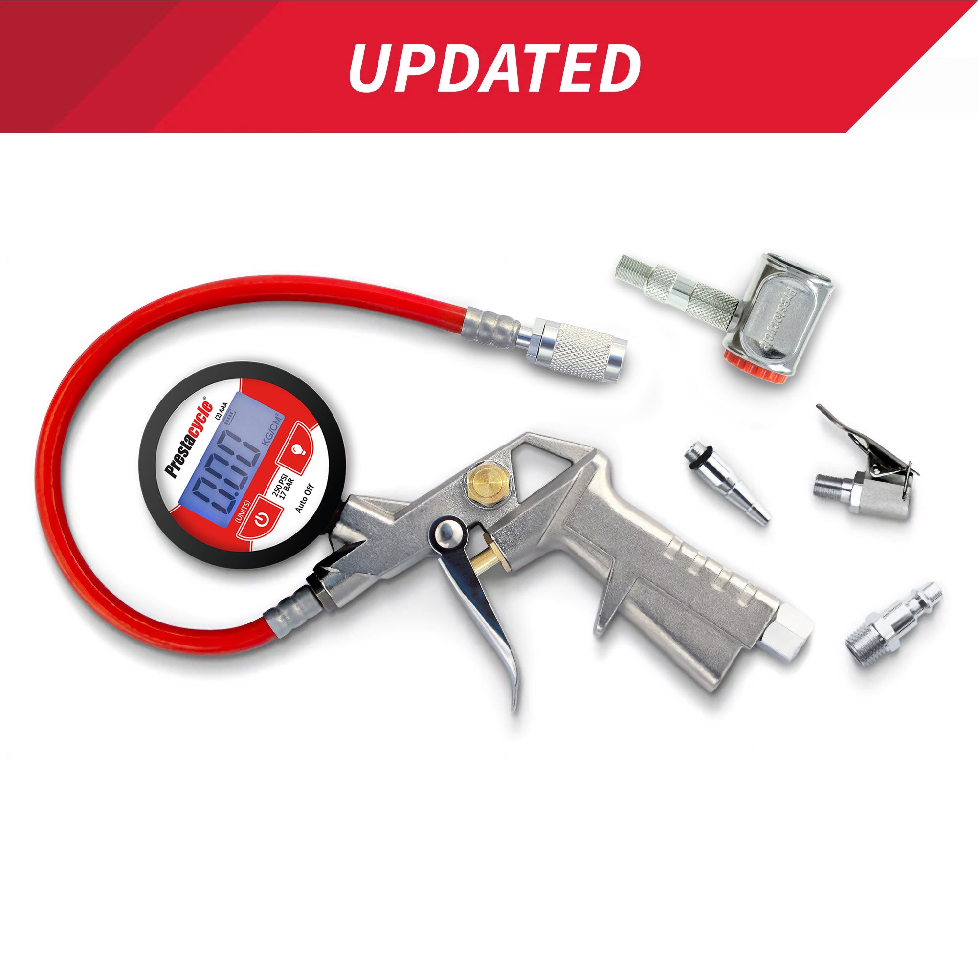 The Prestacycle Prestaflator PRO Digital Bicycle Tire Inflator for Presta &amp; Schrader valves features a red hose, metal trigger handle, multiple nozzles (including the Pro Presta Head), and is shown on a white background with a red UPDATED banner.