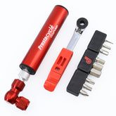 The Prestacycle GO Bundle by Prestacycle—a compact, ultralight 8-in-1 tool kit TO GO—features a red CO2 bike pump, red tire lever, small ratcheting multi-tool, and black bit holder with six metal bits on a white background.