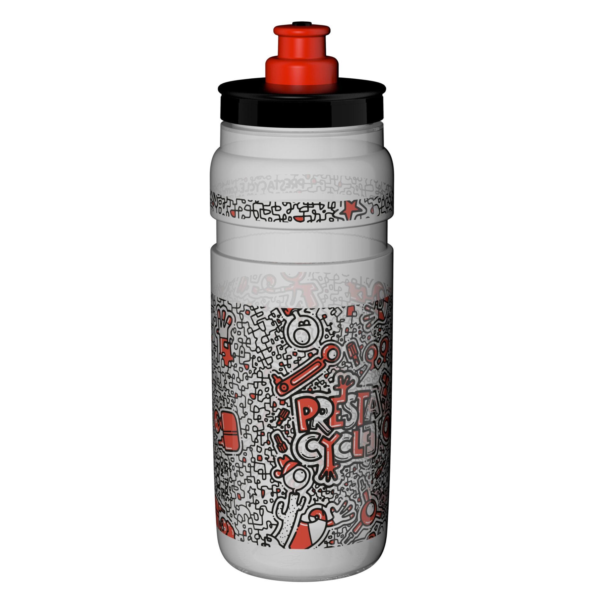 The Prestacycle Elite Fly 750ml Clear Water Bottle from The Kenton Collection is a lightweight cycling bottle featuring a sleek design with bold Prestacycle branding and a black-red cap, perfect for staying hydrated on any ride.
