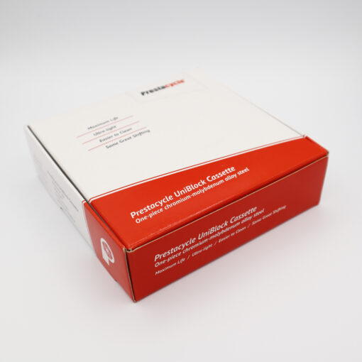 A white and red box labeled Prestacycle contains a UniBlock PRO Cassette (10 Speed) for Campagnolo, made from one-piece chromoly steel, displayed on a plain white background.
