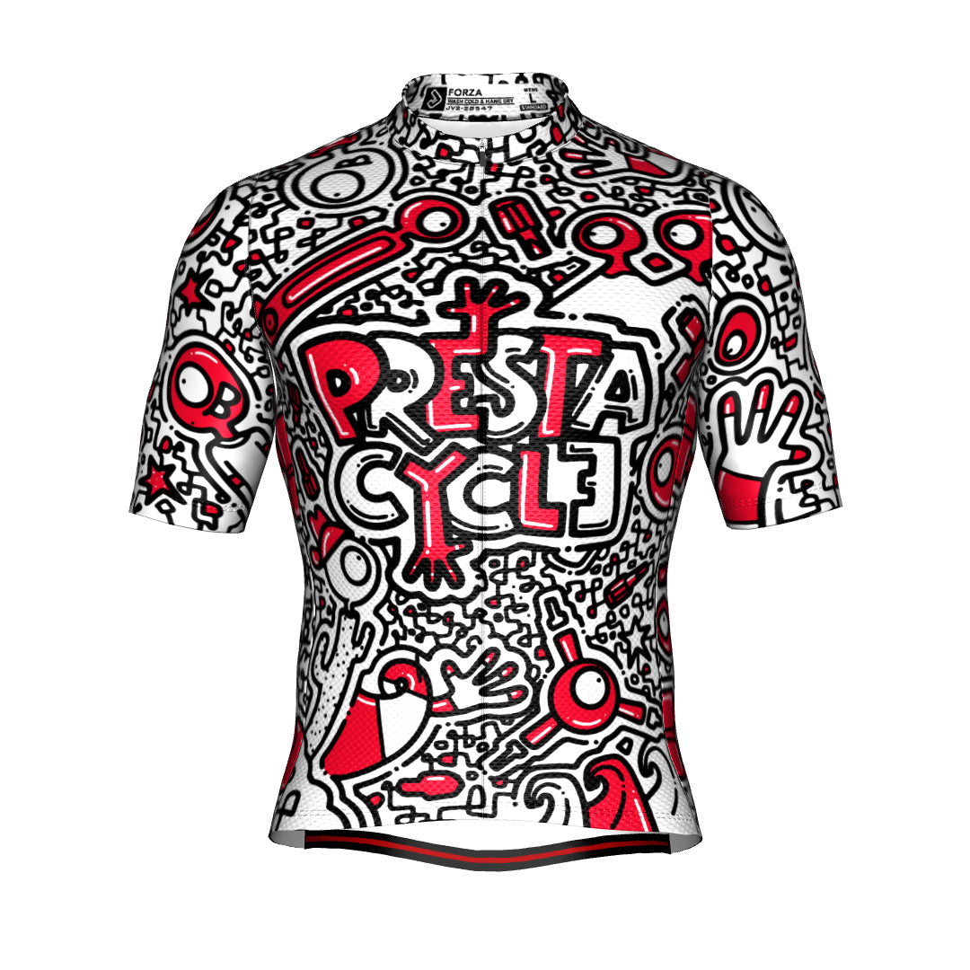The Prestacycle Jersey - The Kenton Collection features performance wicking fabric and bold black and red cartoon-style doodles on white with abstract figures, gears, and large PRESTA CYCLE text—a standout cycling jersey by Prestacycle.