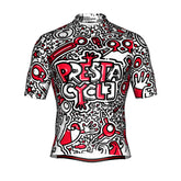 The Prestacycle Jersey - The Kenton Collection features performance wicking fabric and bold black and red cartoon-style doodles on white with abstract figures, gears, and large PRESTA CYCLE text—a standout cycling jersey by Prestacycle.