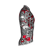 Side view of a fitted Prestacycle Jersey – The Kenton Collection, featuring a bold abstract black, red, and white doodle pattern on performance wicking fabric. The white background highlights the vibrant design. Brand: Prestacycle.
