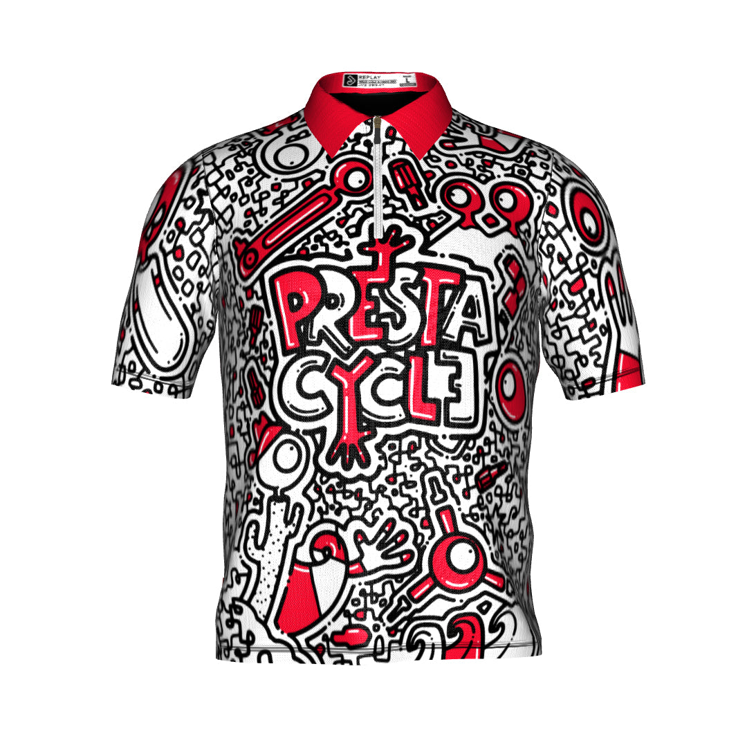 The Prestacycle Polo - The Kenton Collection features bold abstract black and red bicycle-themed line art, performance wicking fabric, and RESTA CYCLE displayed prominently on the front.
