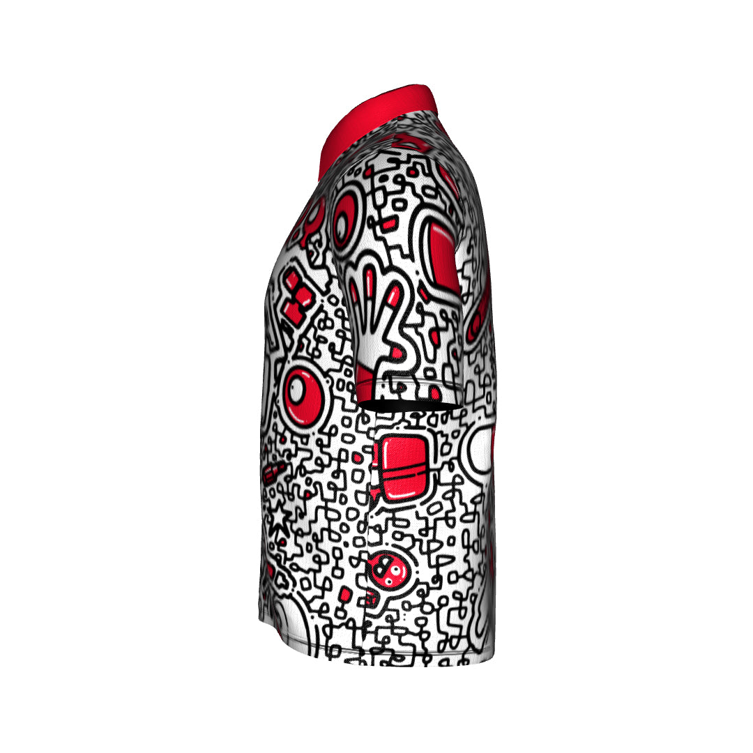 Side view of the Prestacycle Polo from The Kenton Collection, a short-sleeved cycling shirt by Prestacycle featuring a bold black and white abstract pattern with red accents and a solid red collar on performance wicking fabric.