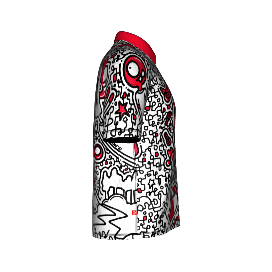 Side view of the Prestacycle Polo from The Kenton Collection, featuring a red collar and bold black and red graffiti-style pattern on white, made from performance wicking fabric for comfort.