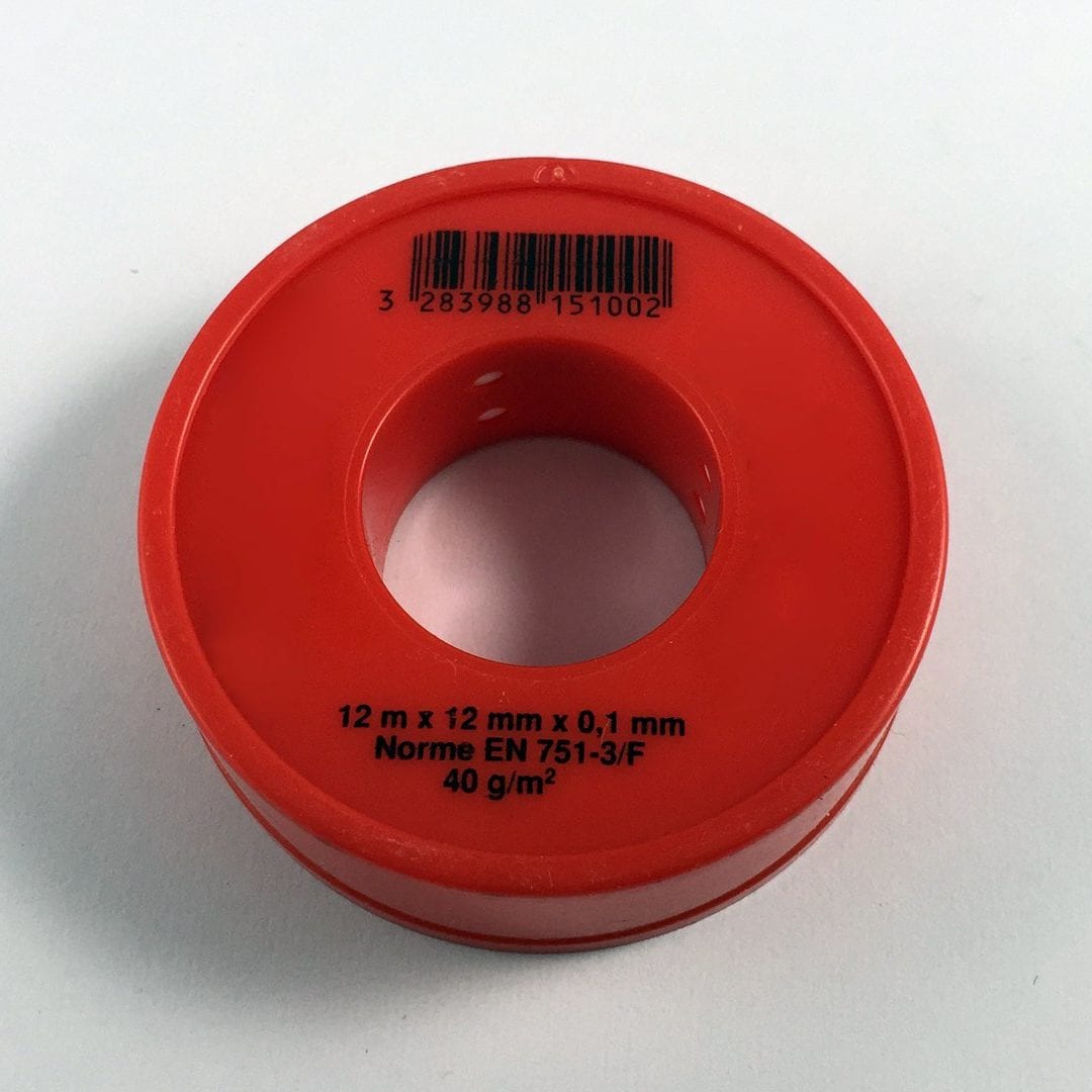 The Prestacycle Metric Teflon Thread Tape by Prestacycle is a red plastic spool of thread tape (12 m x 12 mm x 0.1 mm, EN 751-3/F, 40 g/m²) for sealing hose connections, shown with printed text and barcode on a white surface.