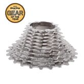 The Prestacycle UniBlock PRO Cassette (10 Speed) for Campagnolo is shown in silver with multiple sprockets. A gold 2023 Bicycling Gear of the Year badge appears in the top left corner.