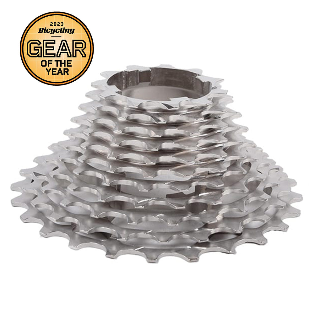 The Prestacycle UniBlock PRO Cassette (11 Speed) (Campagnolo), made from durable Chrome Molybdenum Steel in silver, is displayed. A gold badge in the top left corner reads 2023 Bicycling Gear of the Year.