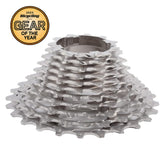 The Prestacycle UniBlock PRO Cassette (11 Speed) (Campagnolo), made from durable Chrome Molybdenum Steel in silver, is displayed. A gold badge in the top left corner reads 2023 Bicycling Gear of the Year.