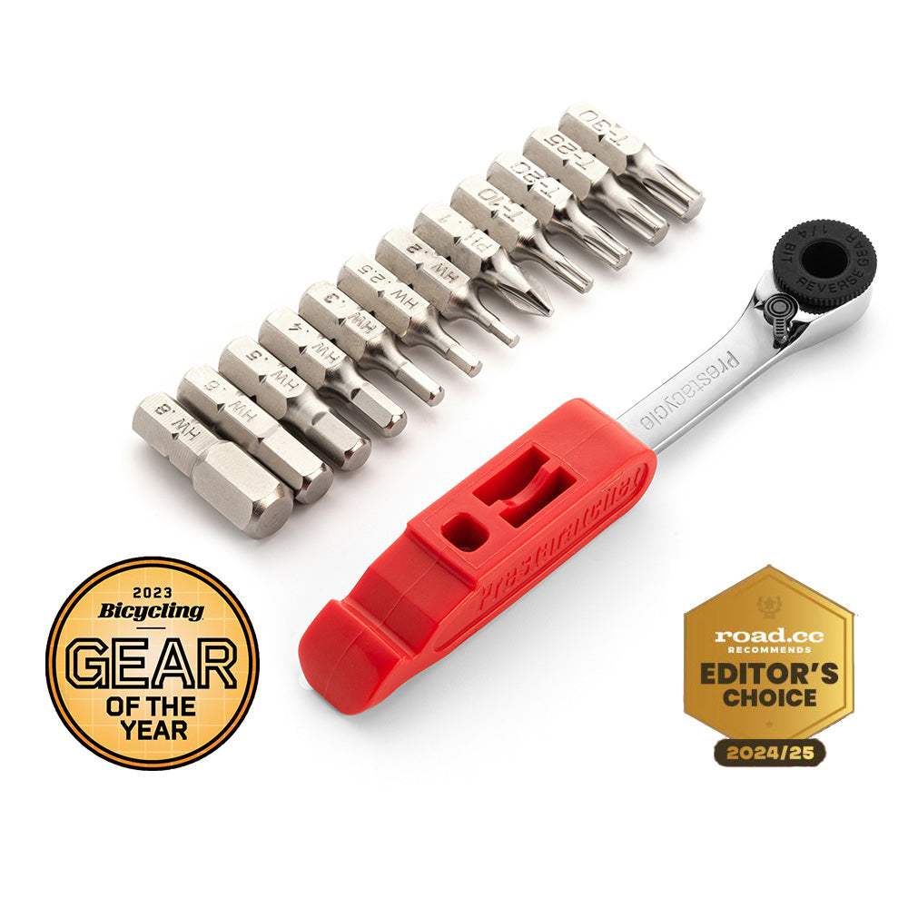 The Prestacycle Prestaratchet GO is a compact 6-in-1 multi-tool wallet kit with 12 bits, red holder, presta valve core tool, and has won the 2023 Bicycling Gear of the Year &amp; road.cc Editors Choice 2024/25 awards.