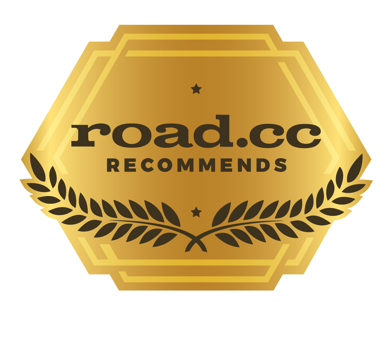 A gold hexagonal badge with laurel leaves, a star above and below, and road.cc RECOMMENDS in bold black letters—a distinction often awarded to top products like the Prestacycle GO Bundle 8-in-1 Tool Kit from Prestacycle.